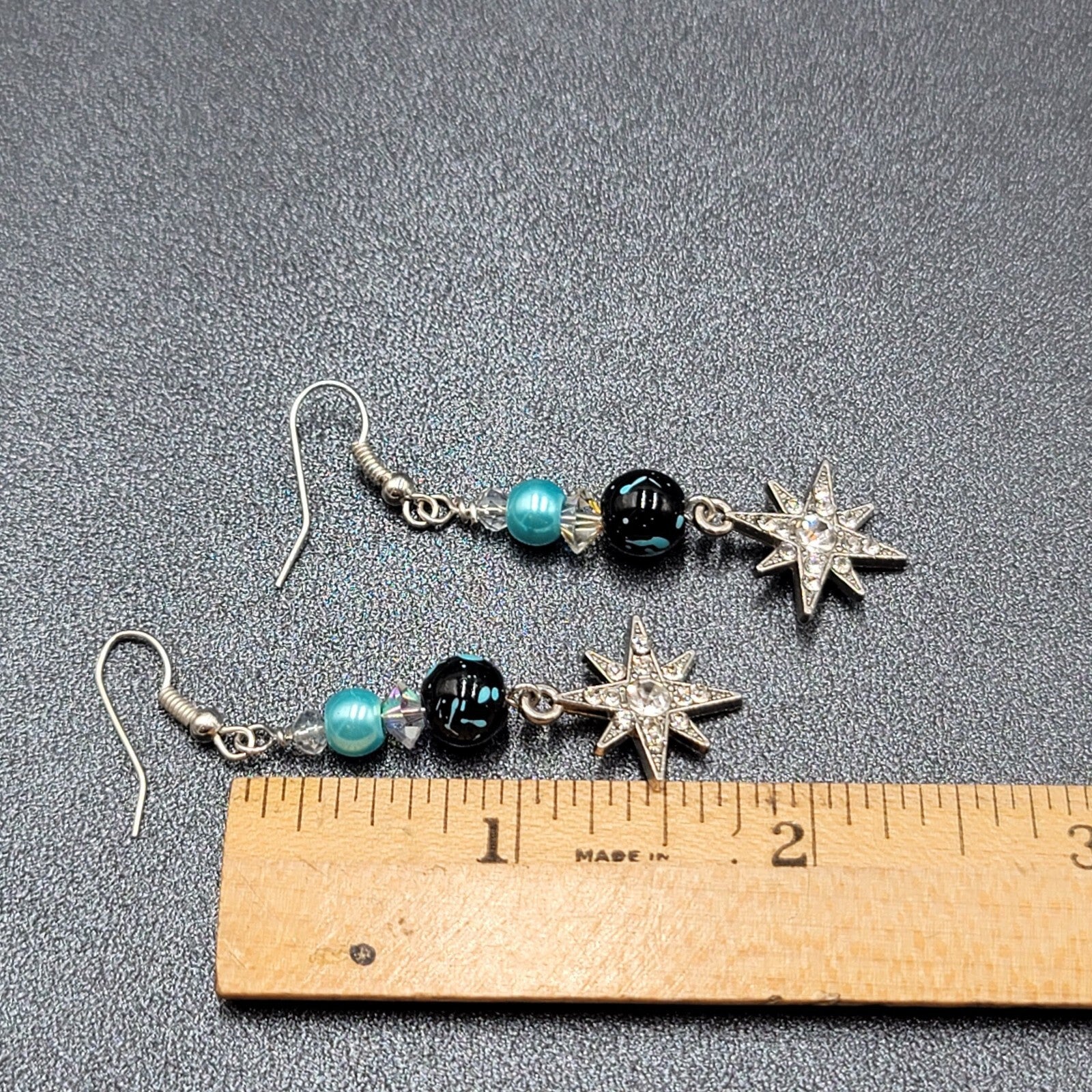 Pierced Earrings Silver tone Blue Bead Rhinestone Star Dangle 1.75"