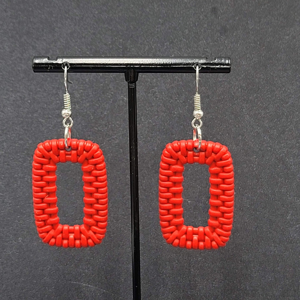 Pierced Earrings Red Acrylic Rectangle Weave Design Dangle 1.5"