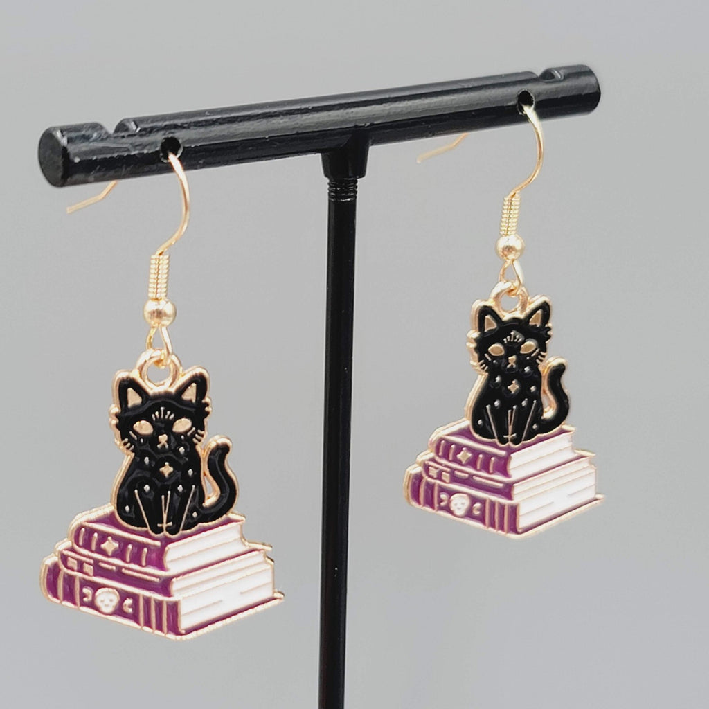Black Cat Purple Books Pierced Earrings Enamel Gold tone Dangle New 1"