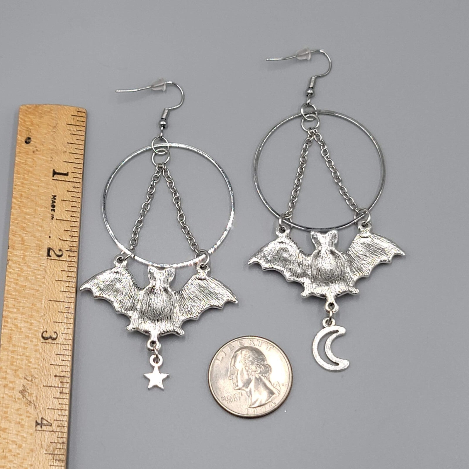 Bat Star Moon Pierced Earrings Large Gothic Punk Silver tone Dangle NEW 3.5"