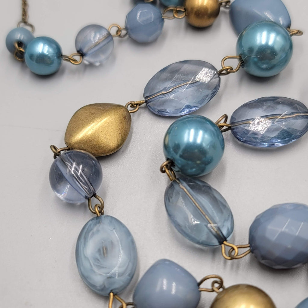 Blue Bead Necklace Bronze tone Chain 36" Long