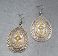 Pierced Earrings Silver tone Teardrop Medallion Yellow Accents Boho 1 7/8"