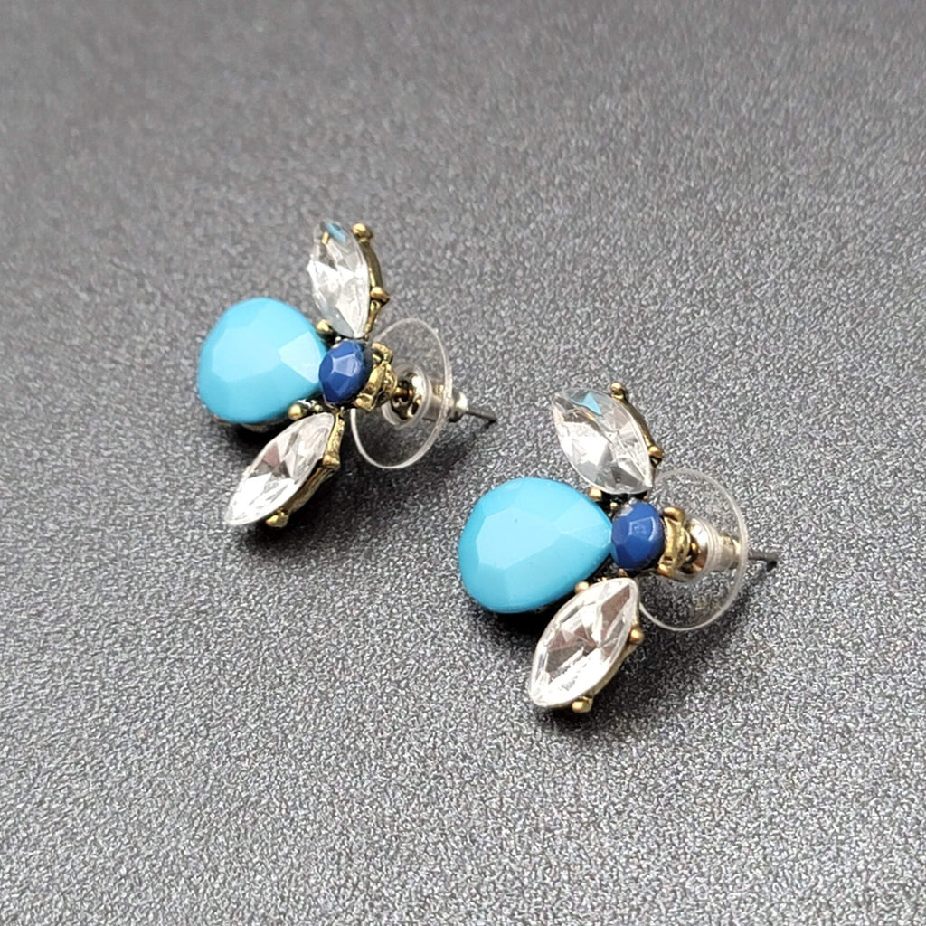 Pierced Earrings Blue Acrylic Bee Flower Design Drop 3/4"