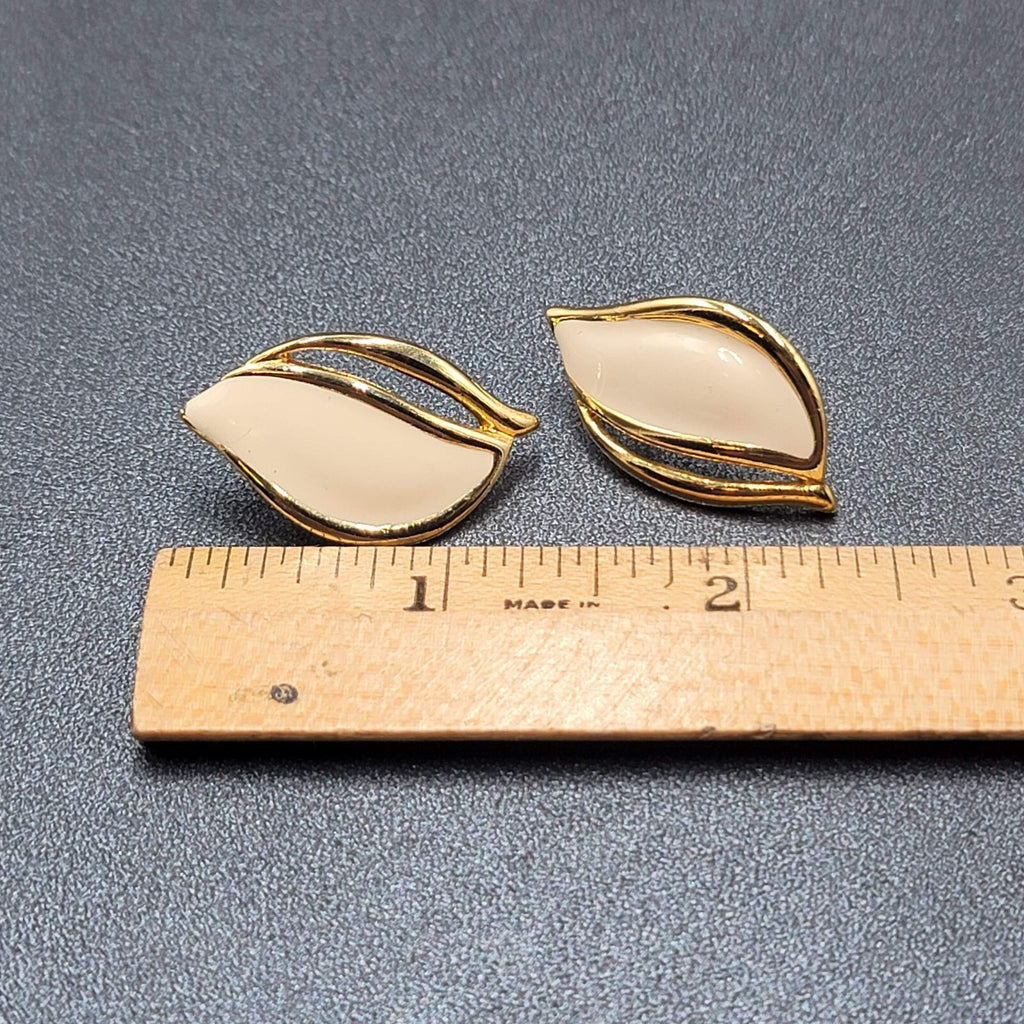 Vintage Pierced Earrings White Enamel Gold Plated Drop 1.25"