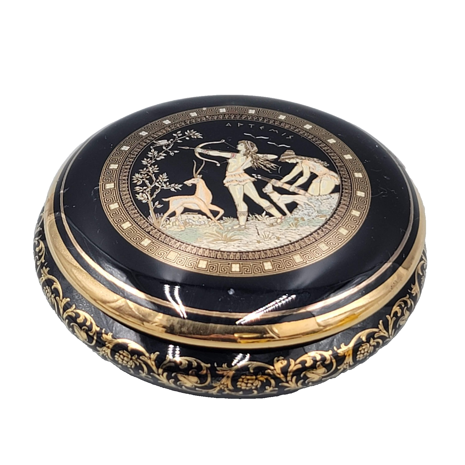 Fintias Greek Ceramic Lidded Trinket Jewelry Box Artemis Black 24K Gold Handmade