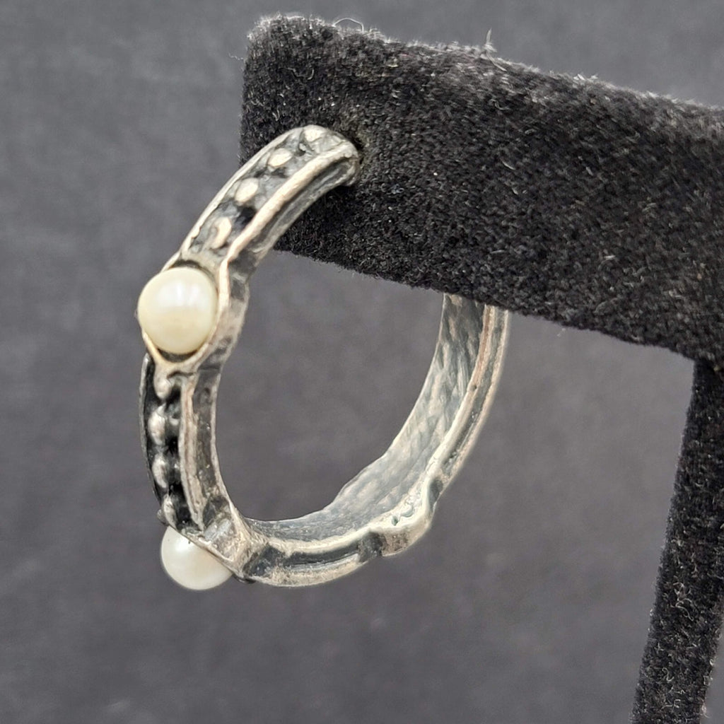 Pierced Earrings Silver tone Faux Pearl Hoops  1.25"