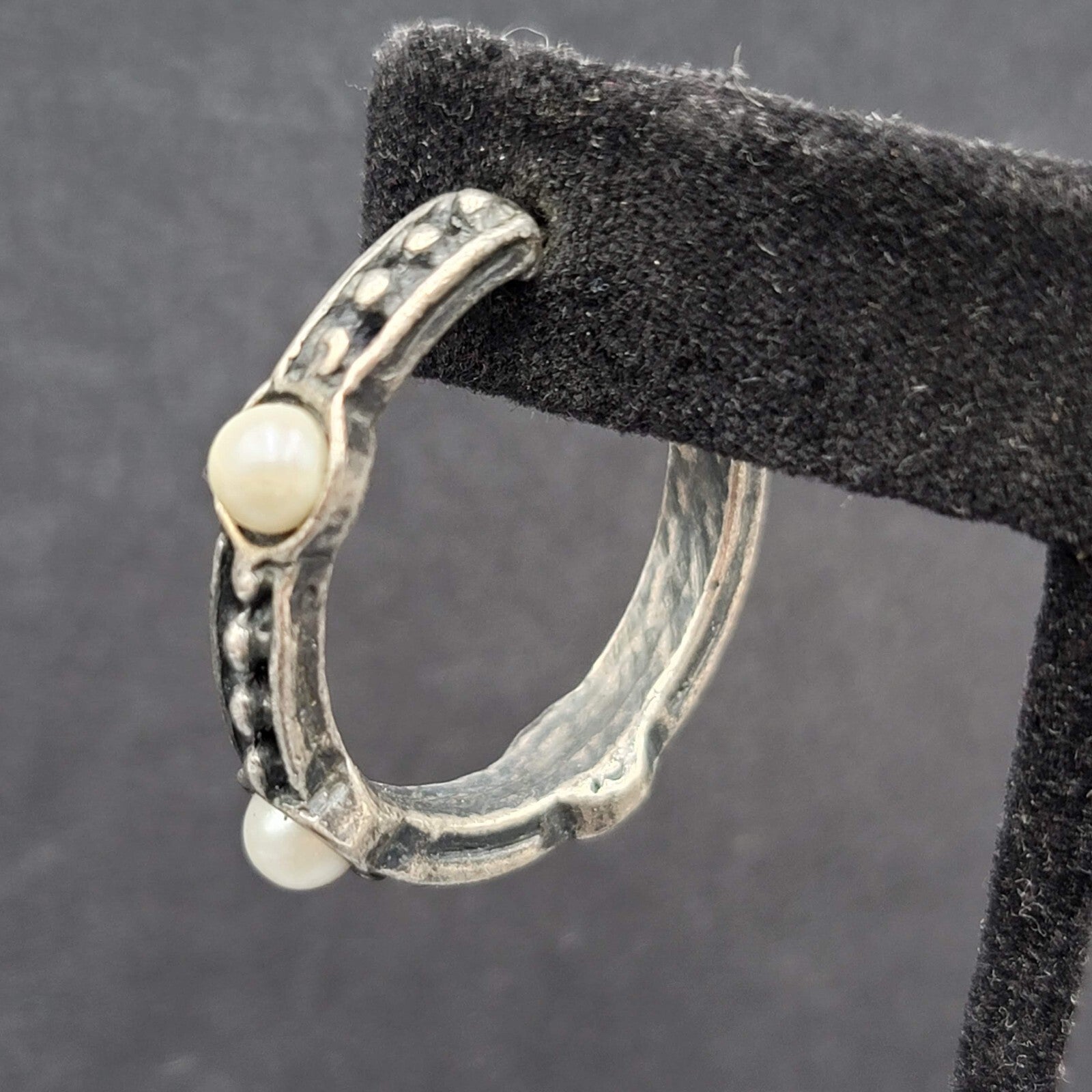Pierced Earrings Silver tone Faux Pearl Hoops  1.25"