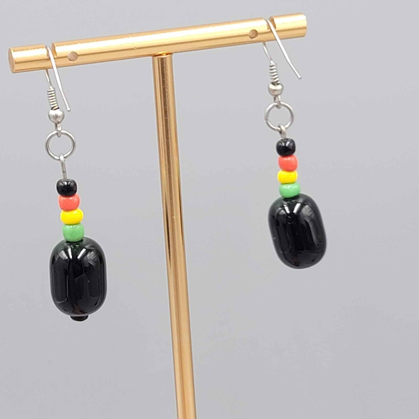 Rasta Beaded Pierced Earrings Silver tone Dangle 1.25"