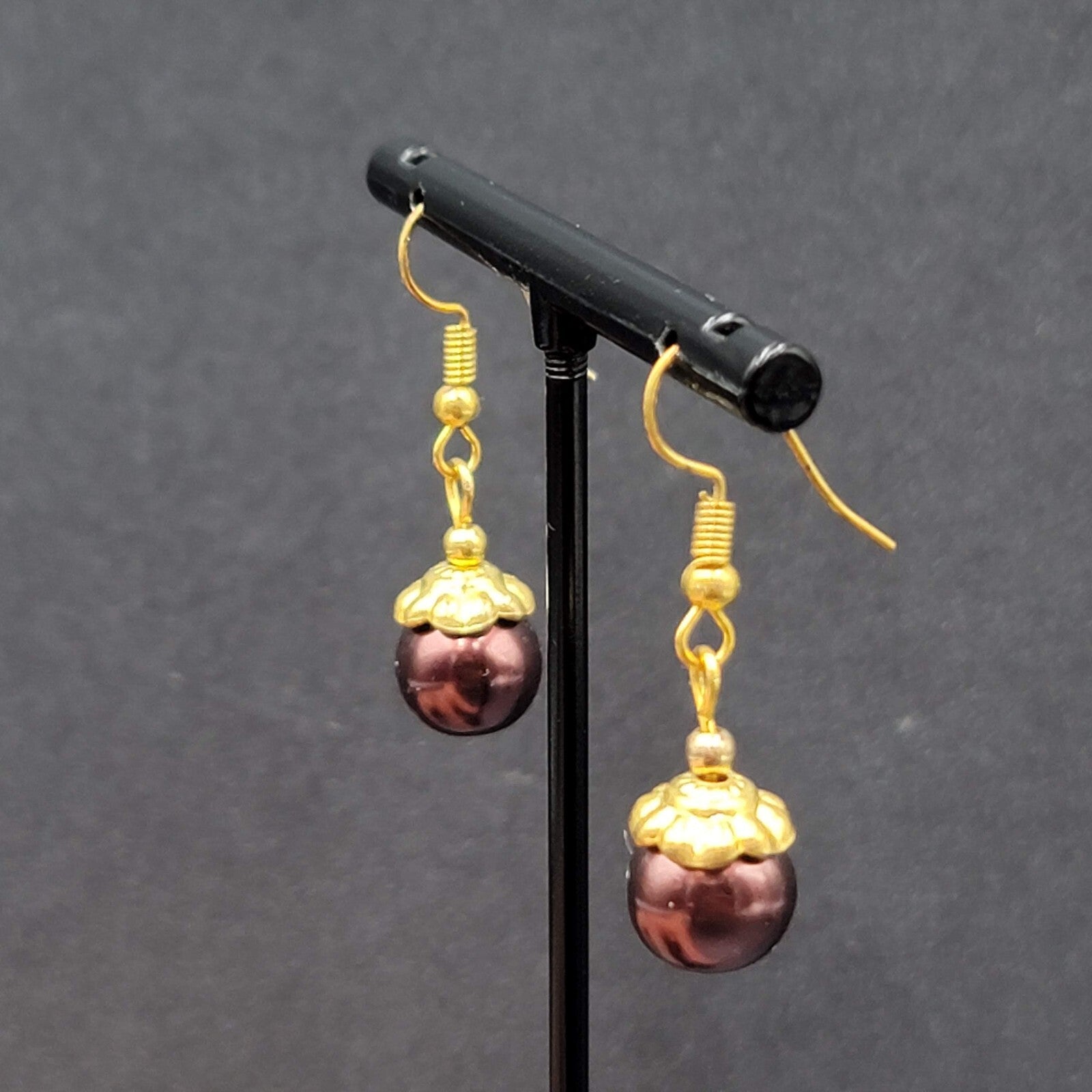 Pierced Earrings Gold tone Bronze Bead Capped Bead Dangle 3/4"