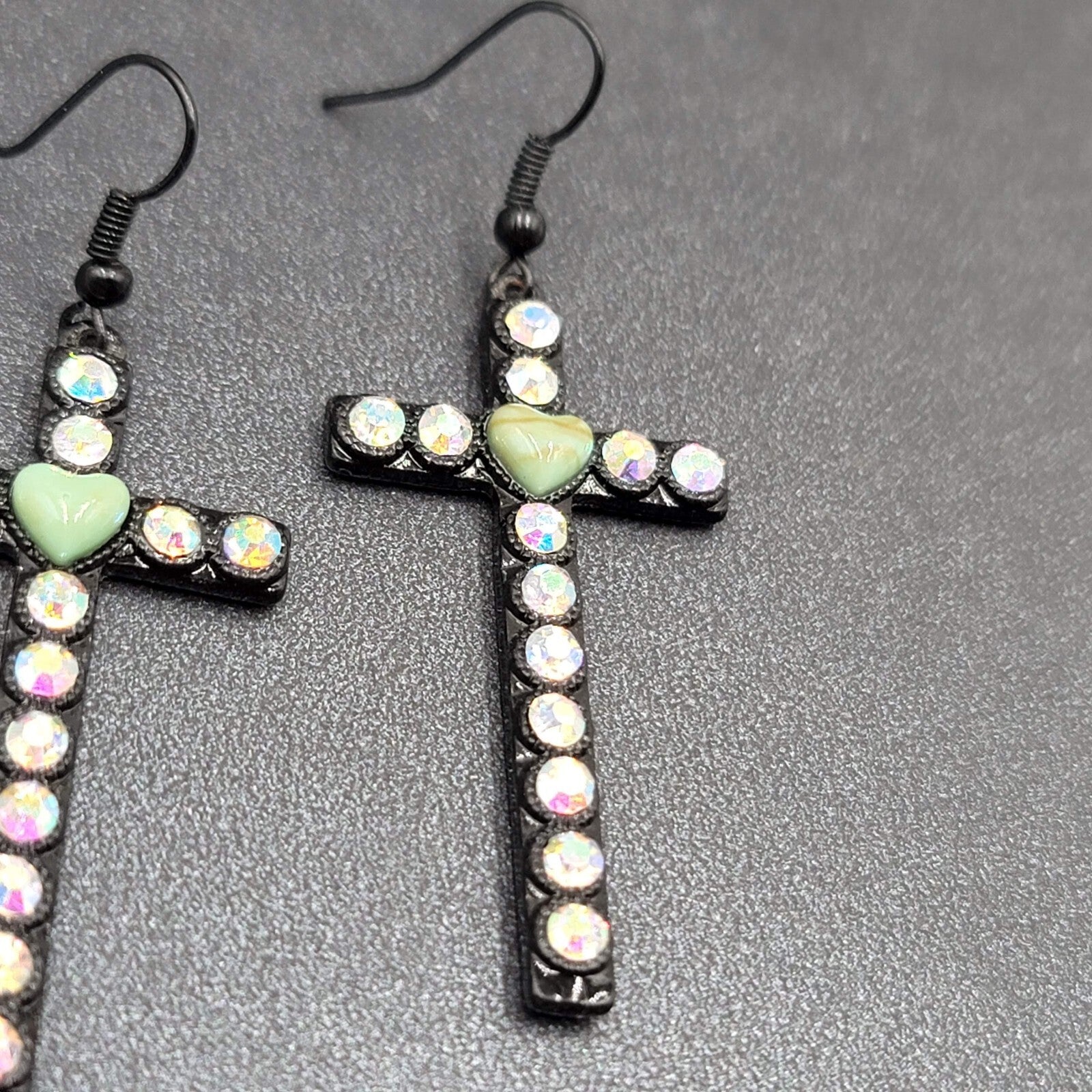 Cross Heart Pierced Earrings Black Metal Enamel AB Rhinestones Dangle 1 7/8"