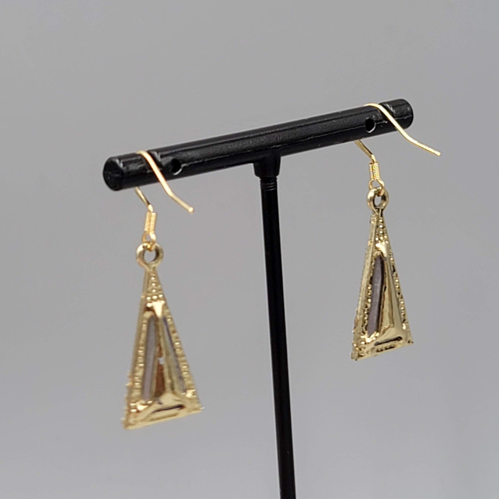 Blue Rhinestone Triangle Pierced Earrings Gold tone Dangle 7/8"