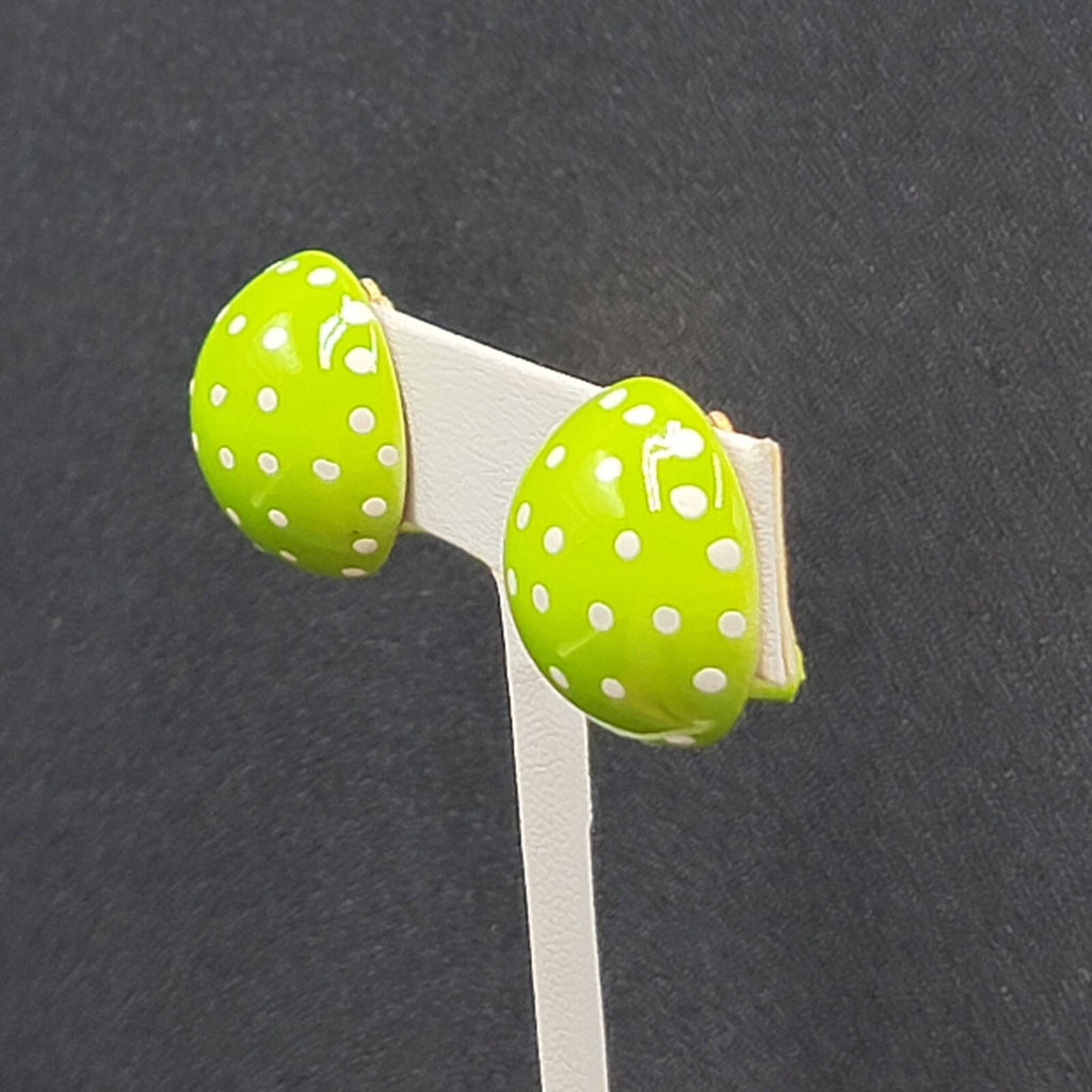Vintage Clip on Earrings Hand Painted Green Enamel Polka Dot Dome Studs 3/4"