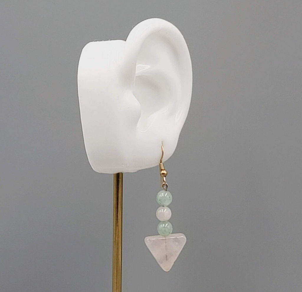 Pink Green Quartz Bead Pierced Earrings Gold tone Dangle 1.5"