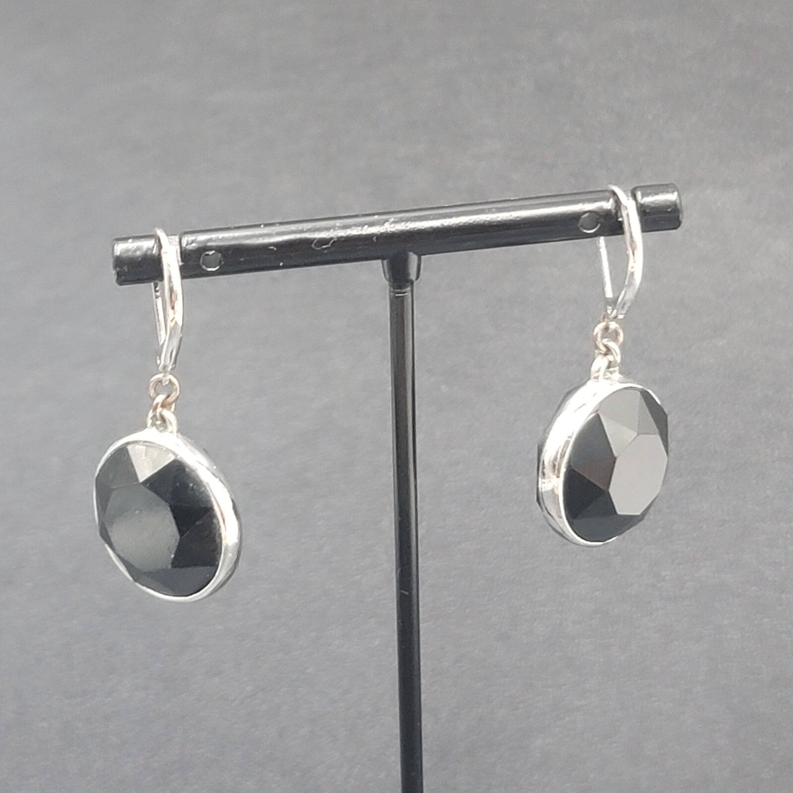 Pierced Earrings Silver tone Acrylic Black Faceted Dangle 1"