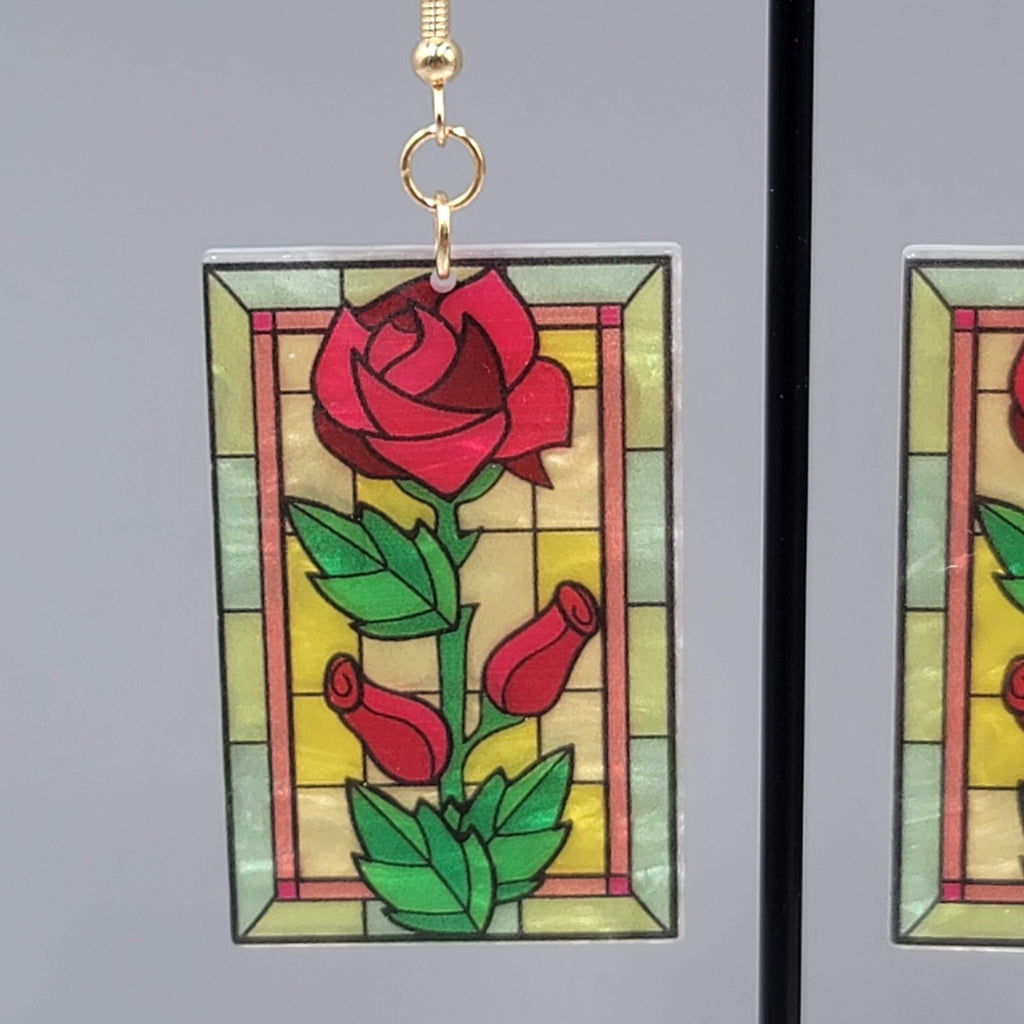 Stained Glass Look Pierced Earrings Rose Rectangle Acrylic Gold toneDangle 1.75"