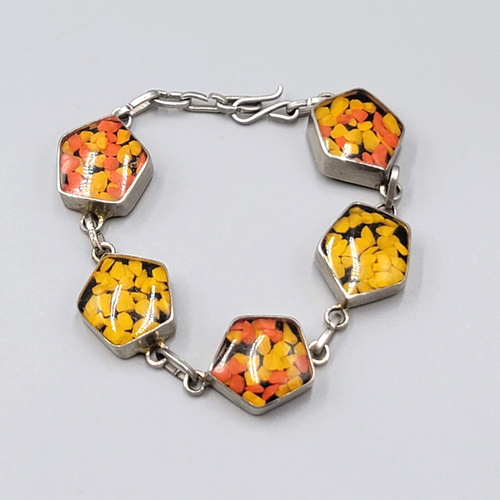 Confetti Resin Lucite Panel Bracelet Silver tone Orange Yellow 6.5"