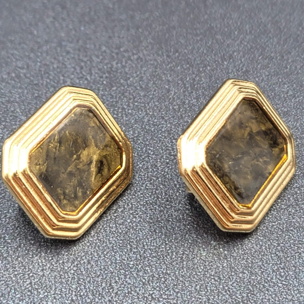 Vintage Avon Clip on Earrings Gold tone Green Marble Design Rectangle 7/8"