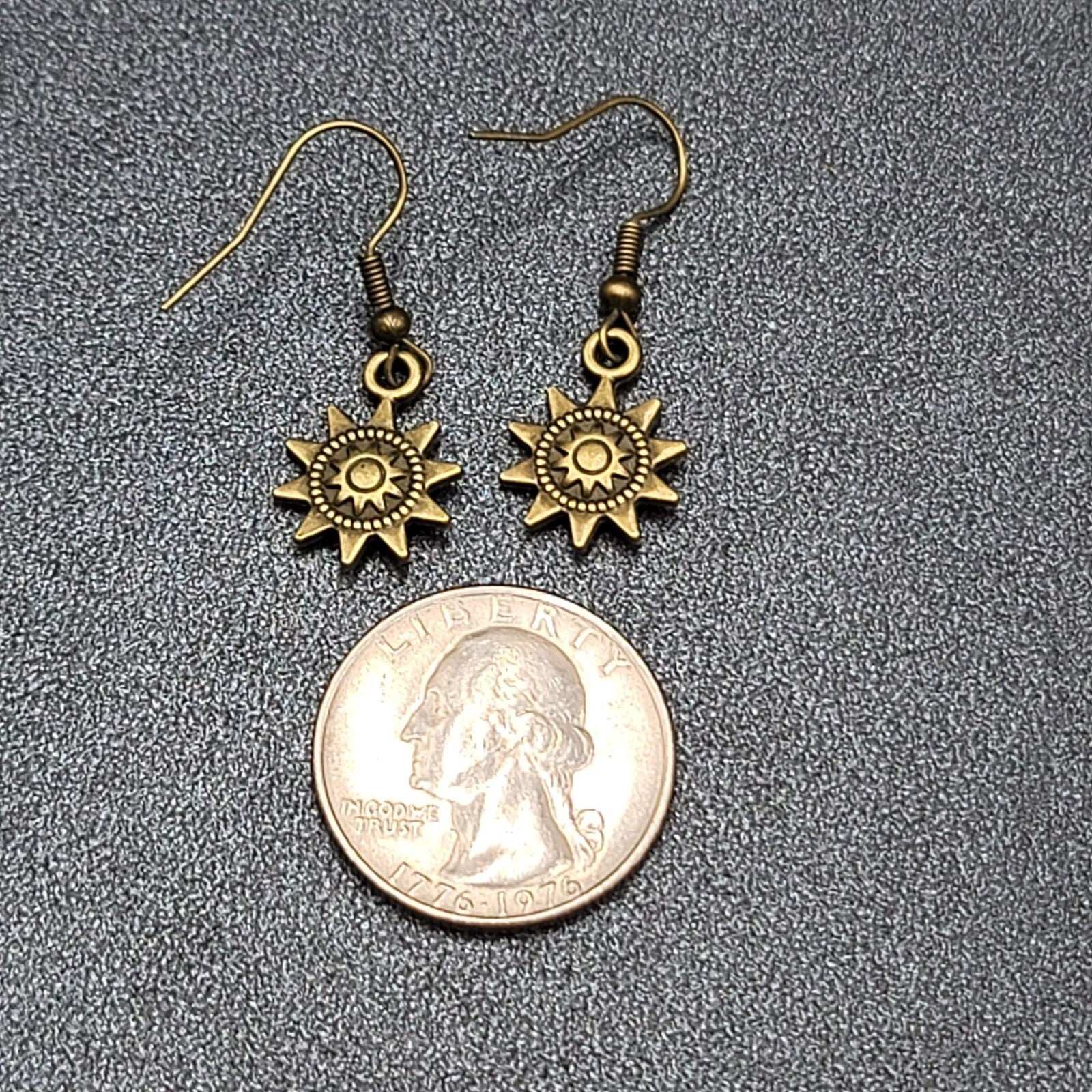 Sun Pierced Earrings Bronze tone Embossed Dangle New 5/8"