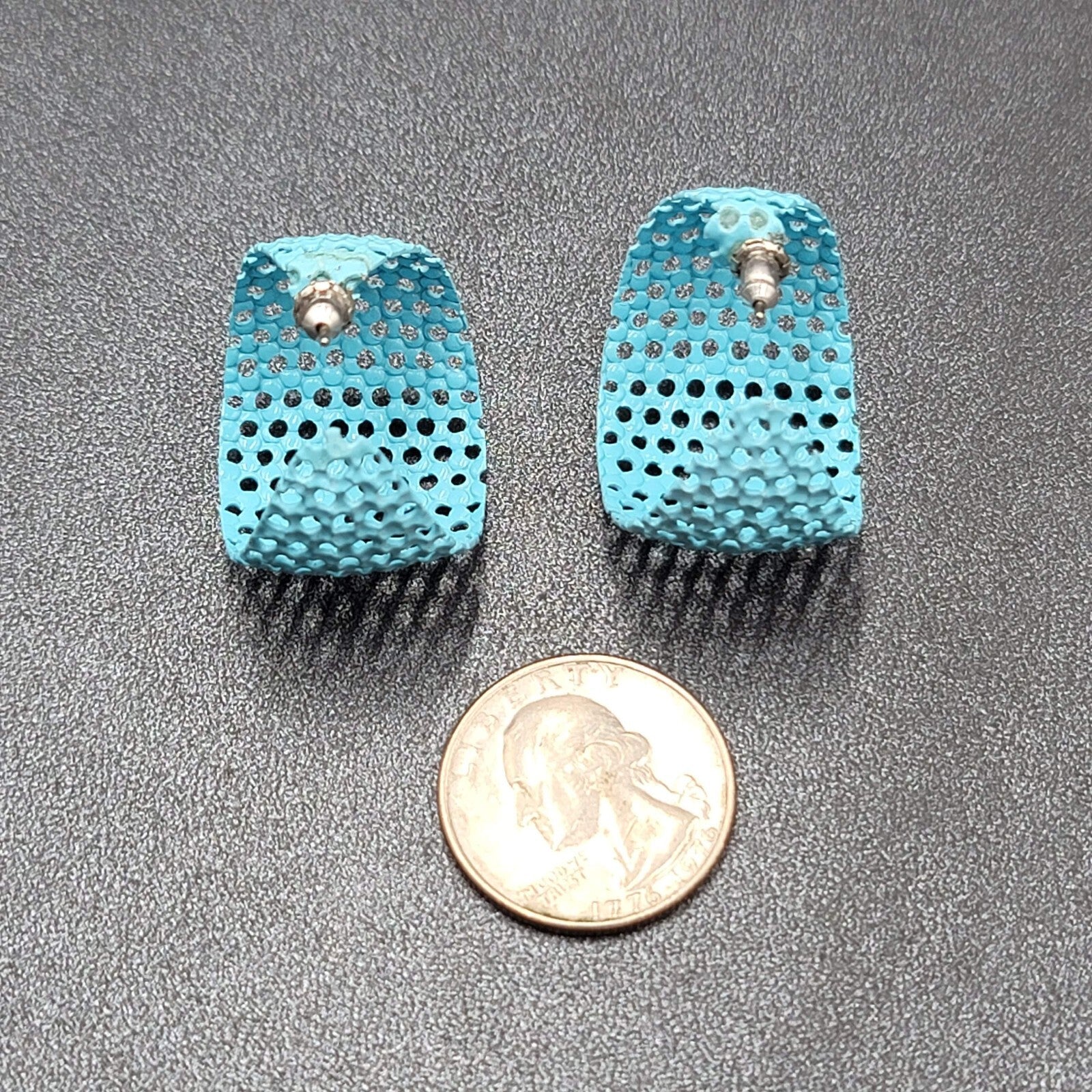Vintage Pierced Earrings Blue Enamel Mesh Open Work Wide Hoops 1 1/8"