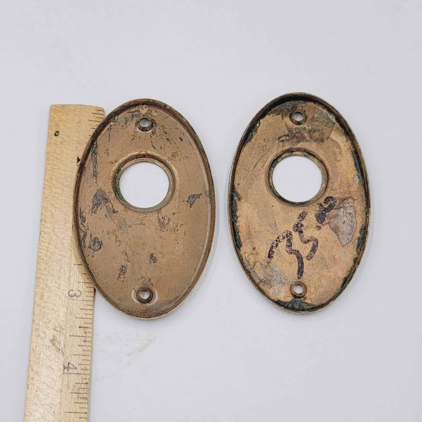 Vintage PAIR Oval Doorknob Back Plate 3 1/4" x 2" holes 3/4"