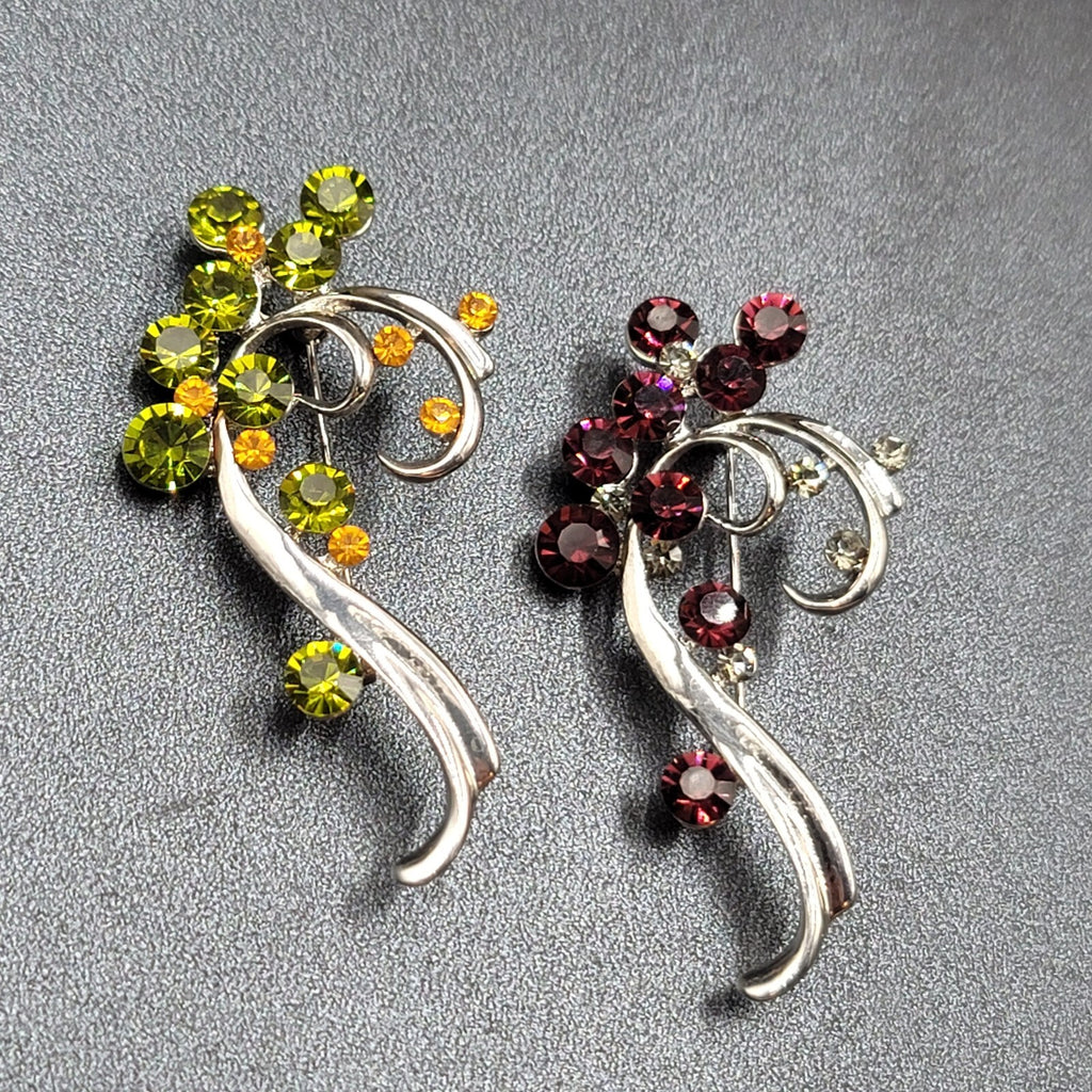 Vintage Brooch Lot of 2 Silver tone Green Purple Crystal Rhinestone 2.5"