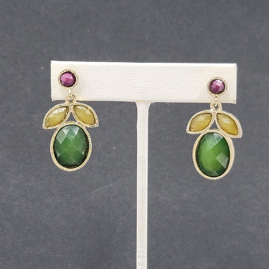 Pierced Earrings Gold tone Faceted Multicolor Dangle Green Red Yellow 1.5"