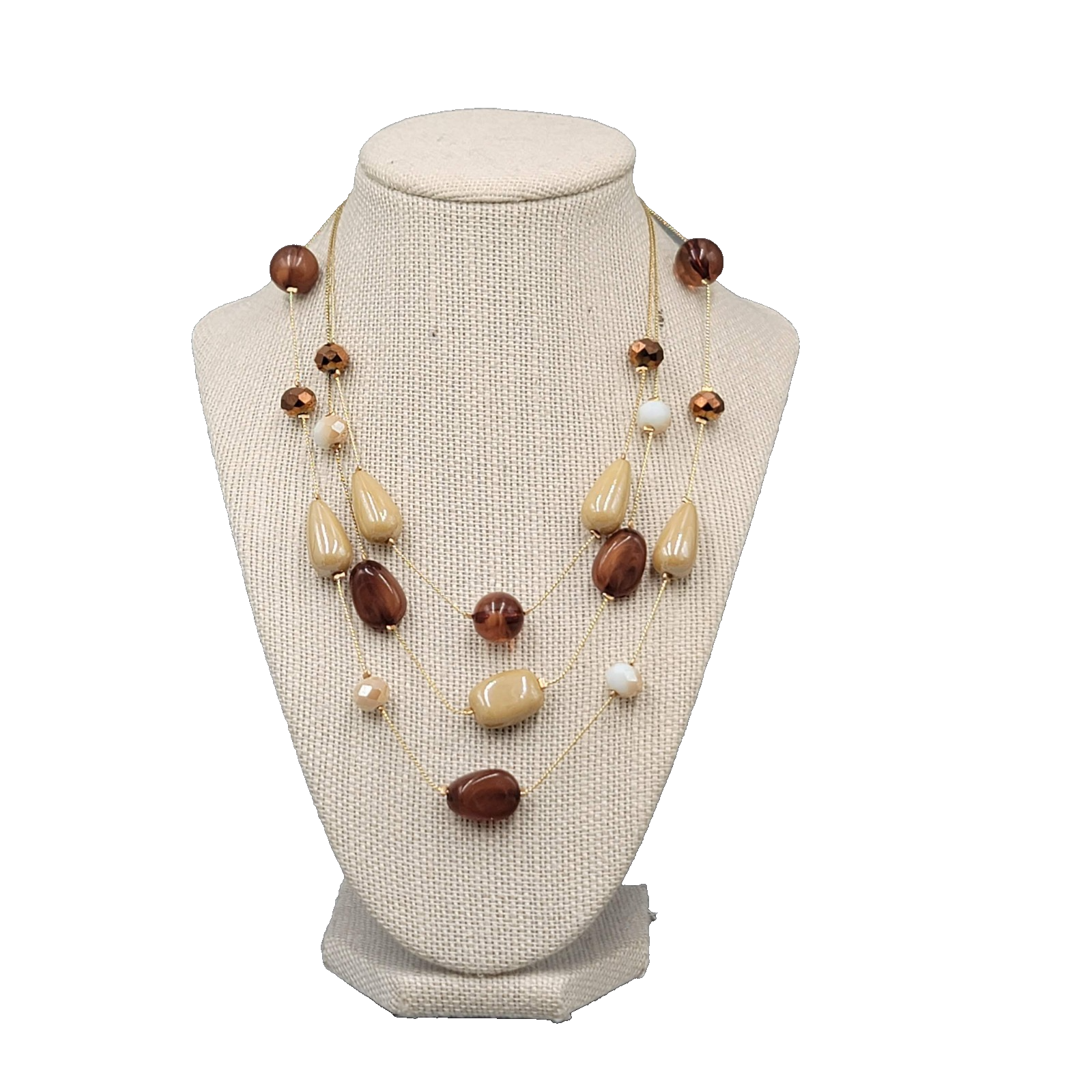 Brown Bead Station Necklace Gold tone Triple Layer 16"-18"