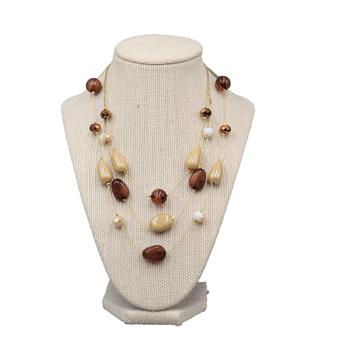 Brown Bead Station Necklace Gold tone Triple Layer 16"-18"