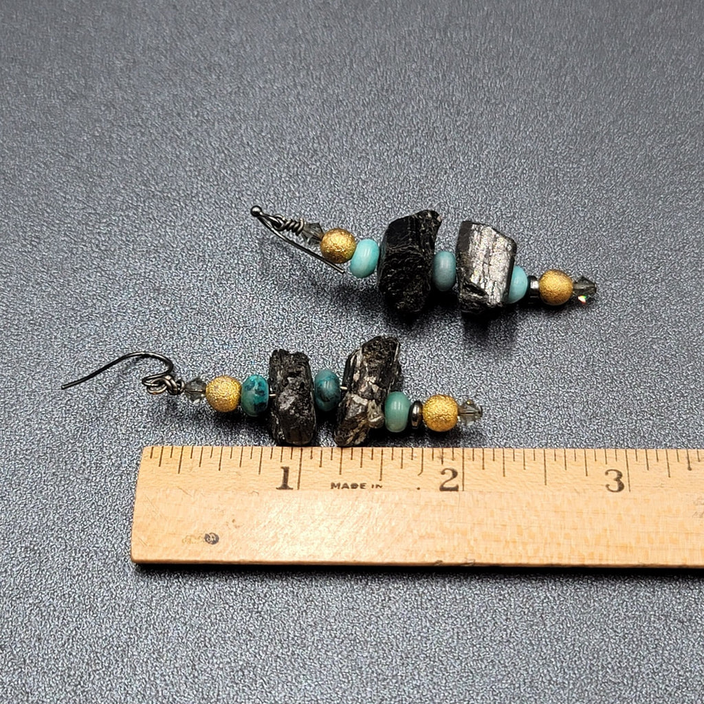 Pierced Earrings Black Raw Stone Blue Gold tone Beads Dangle 2"