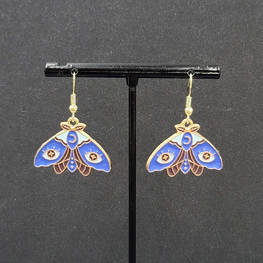 Evil Eye Moth Pierced Earrings Gold tone Blue Enamel Dangle 3/4"