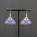 Evil Eye Moth Pierced Earrings Gold tone Blue Enamel Dangle 3/4"