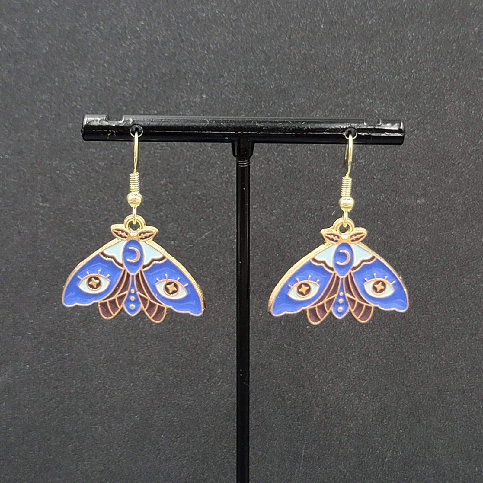 Evil Eye Moth Pierced Earrings Gold tone Blue Enamel Dangle 3/4"