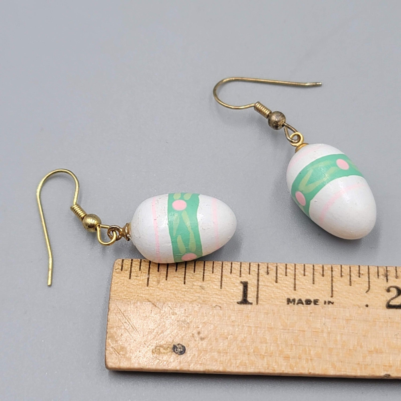 Vintage White Green Easter Egg Pierced Earrings Hand Painted Wood Dangle 7/8"