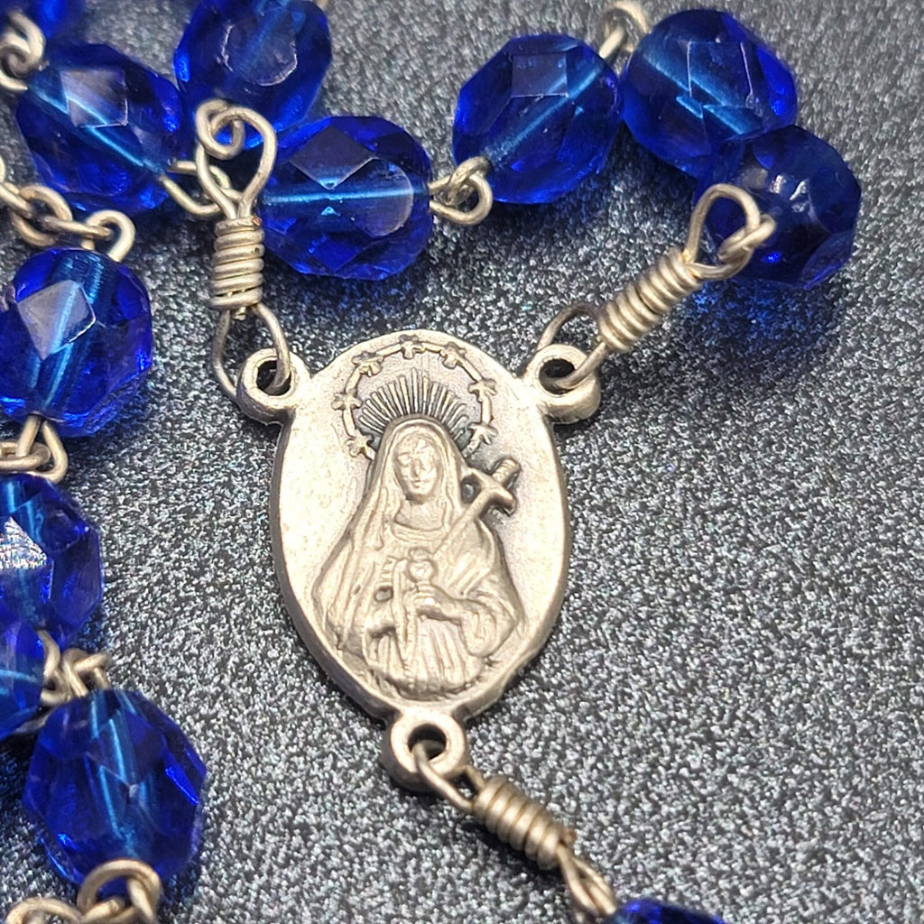 Blue Faceted Bead Catholic Rosary Crucifix Silver tone