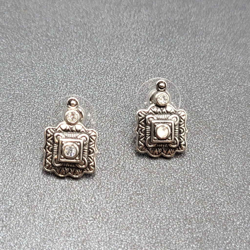 Pierced Earrings Silver tone Black Embossed Crystal Studs So Pretty! 5/8"