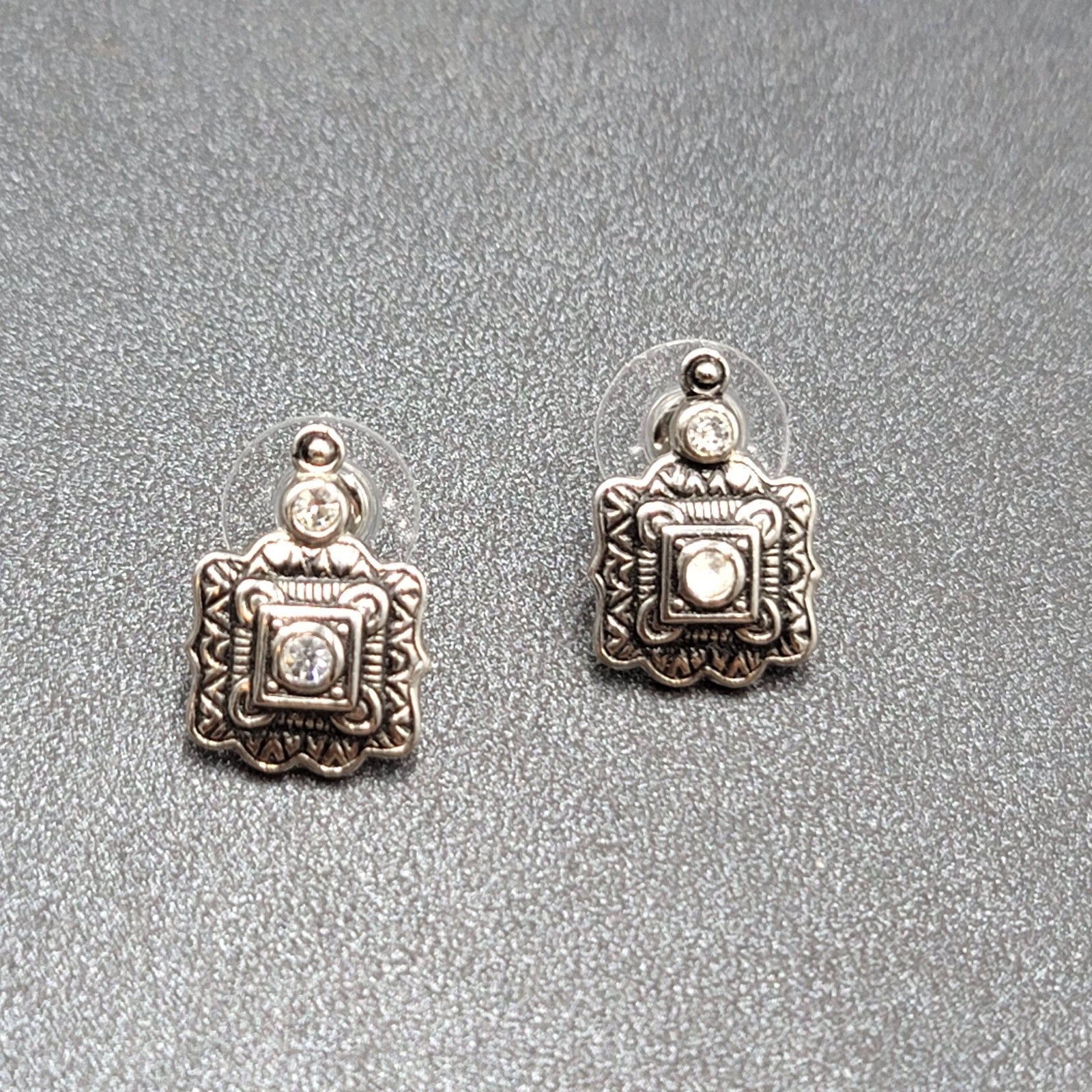 Pierced Earrings Silver tone Black Embossed Crystal Studs So Pretty! 5/8"
