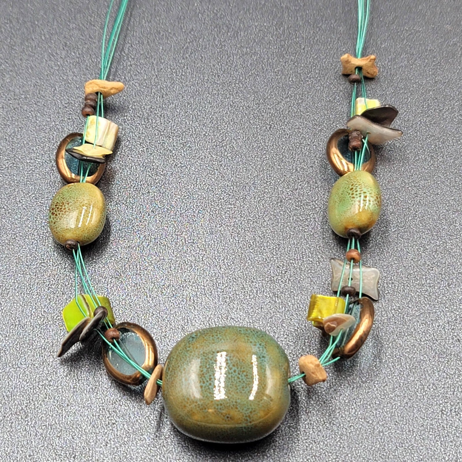 Premier Designs Necklace Green Pottery Beads Blue Thread 18"-21"