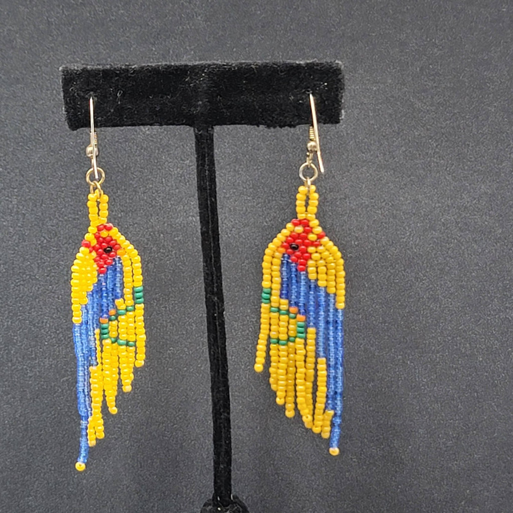 Vintage Pierced Earrings Yellow Seed Bead Parrot Bird Dangle 2.75"