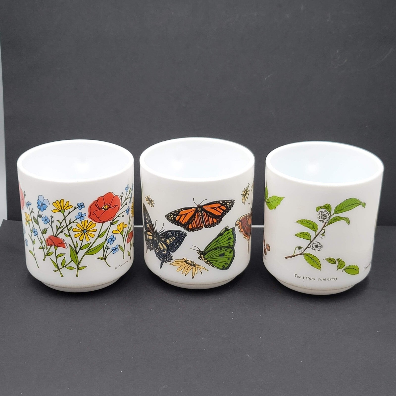 Vtg White Milk Glass Coffee Mugs Made in France Lot of 3 Butterfly Flowers Plant