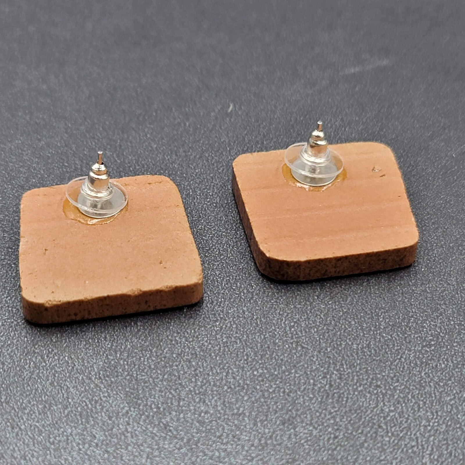 Pierced Earrings Clay Pottery Squares Brown  1 1/8"