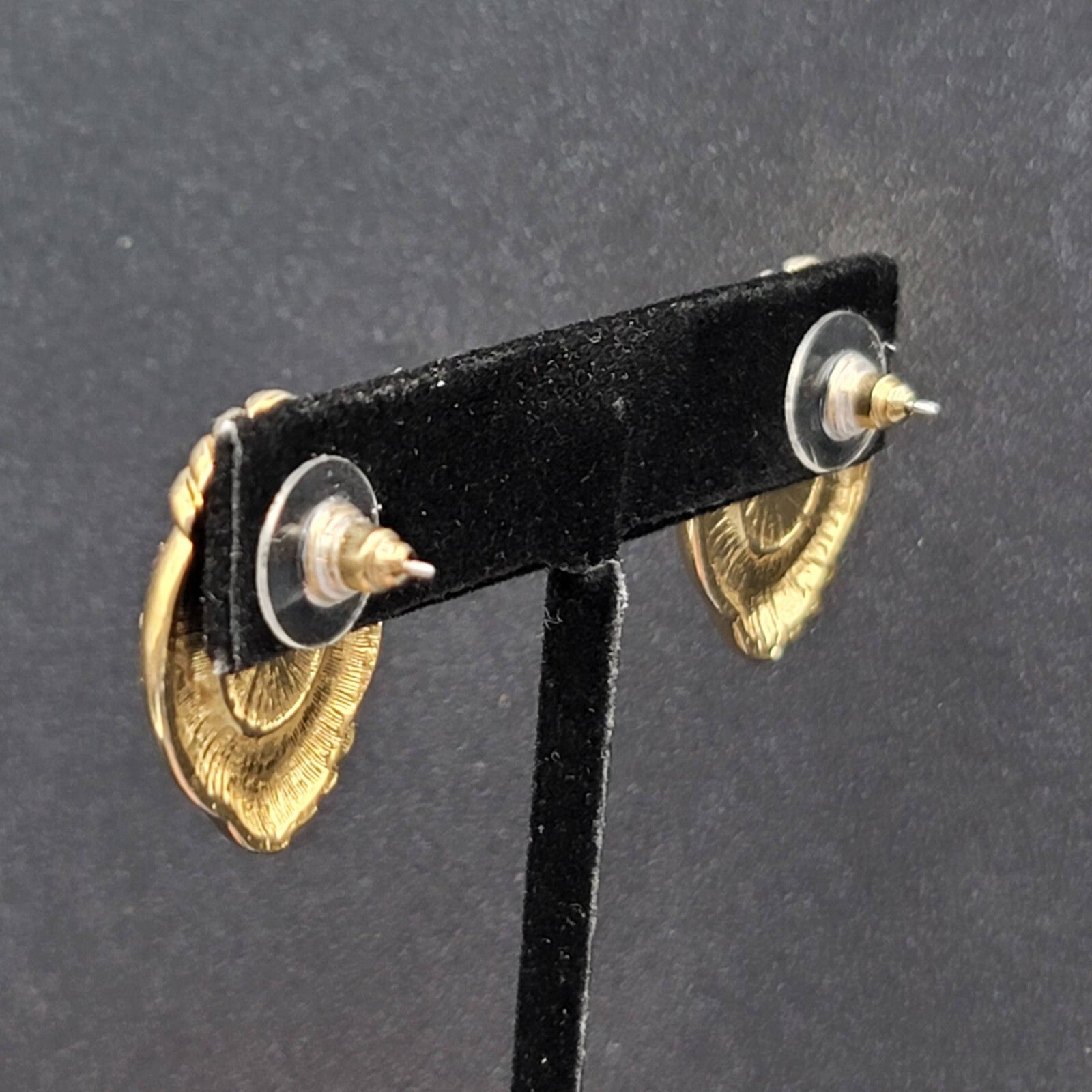 Vintage Avon Cavier Pierced Earrings Gold tone Dark Gray Satin Cabochon 1"