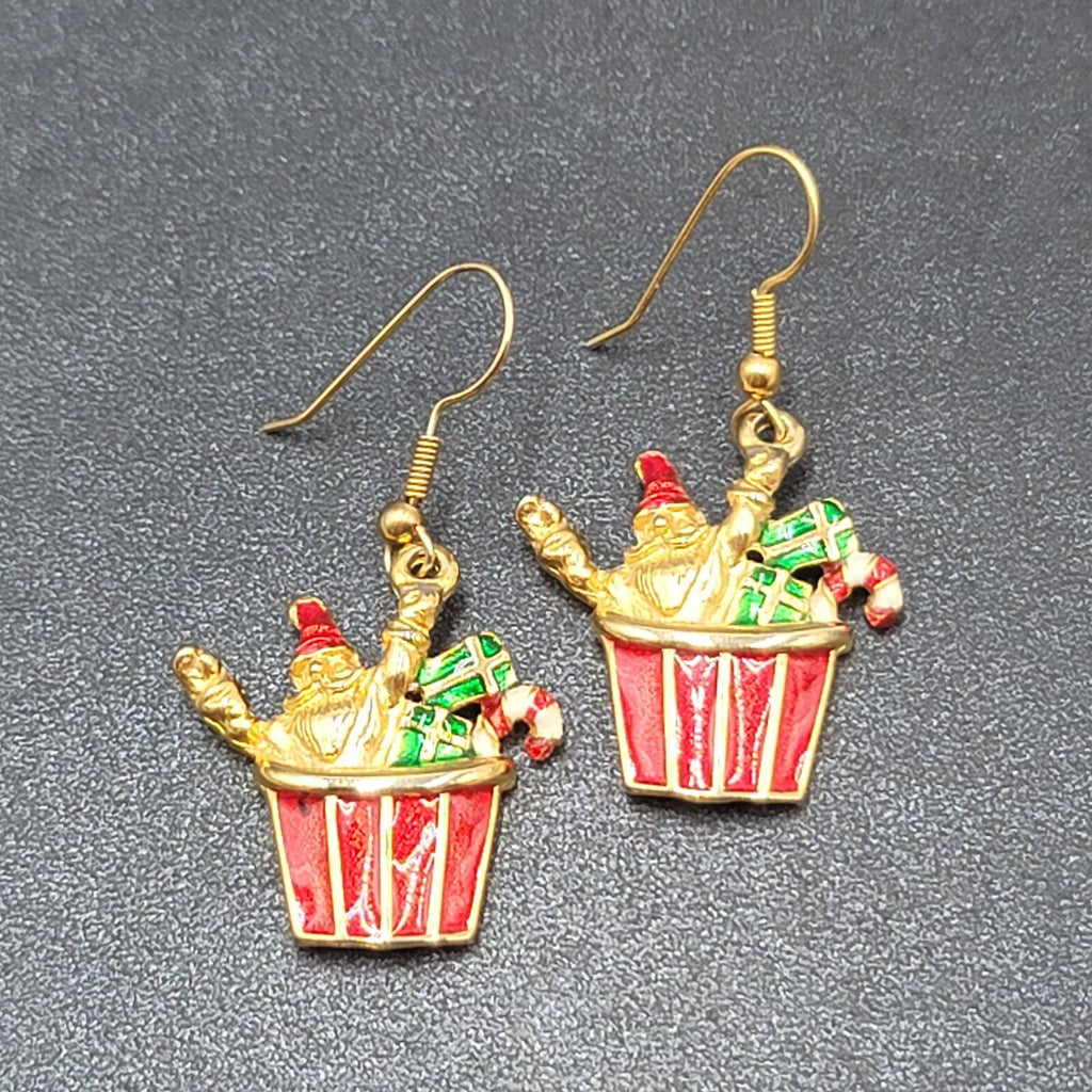 Christmas Pierced Earrings Gold Plated Presents Santa Candy Cane Dangle 1 1/8"