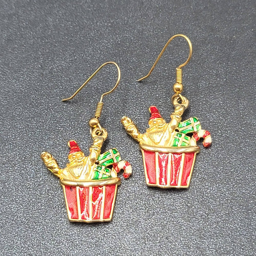 Christmas Pierced Earrings Gold Plated Presents Santa Candy Cane Dangle 1 1/8"