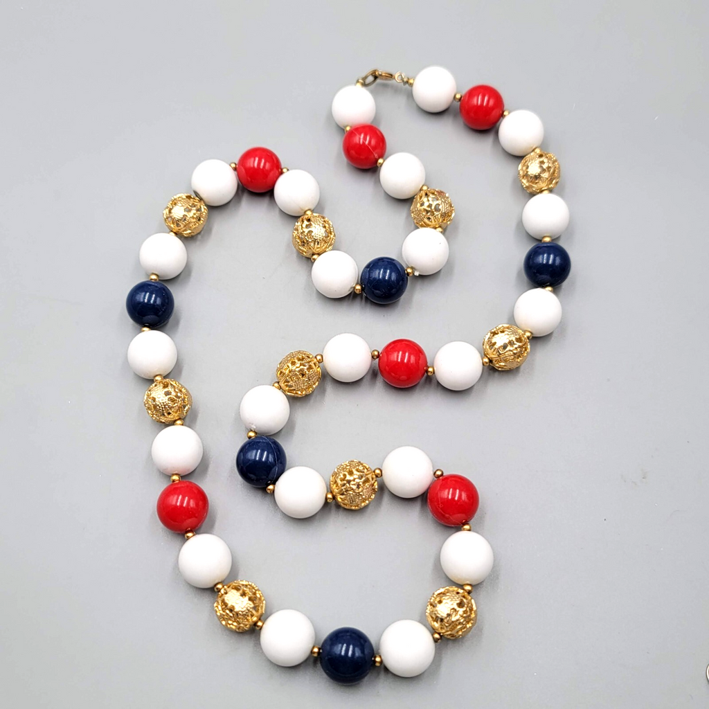 Vintage Necklace Red White Blue Gold tone Filigree Beads 30"