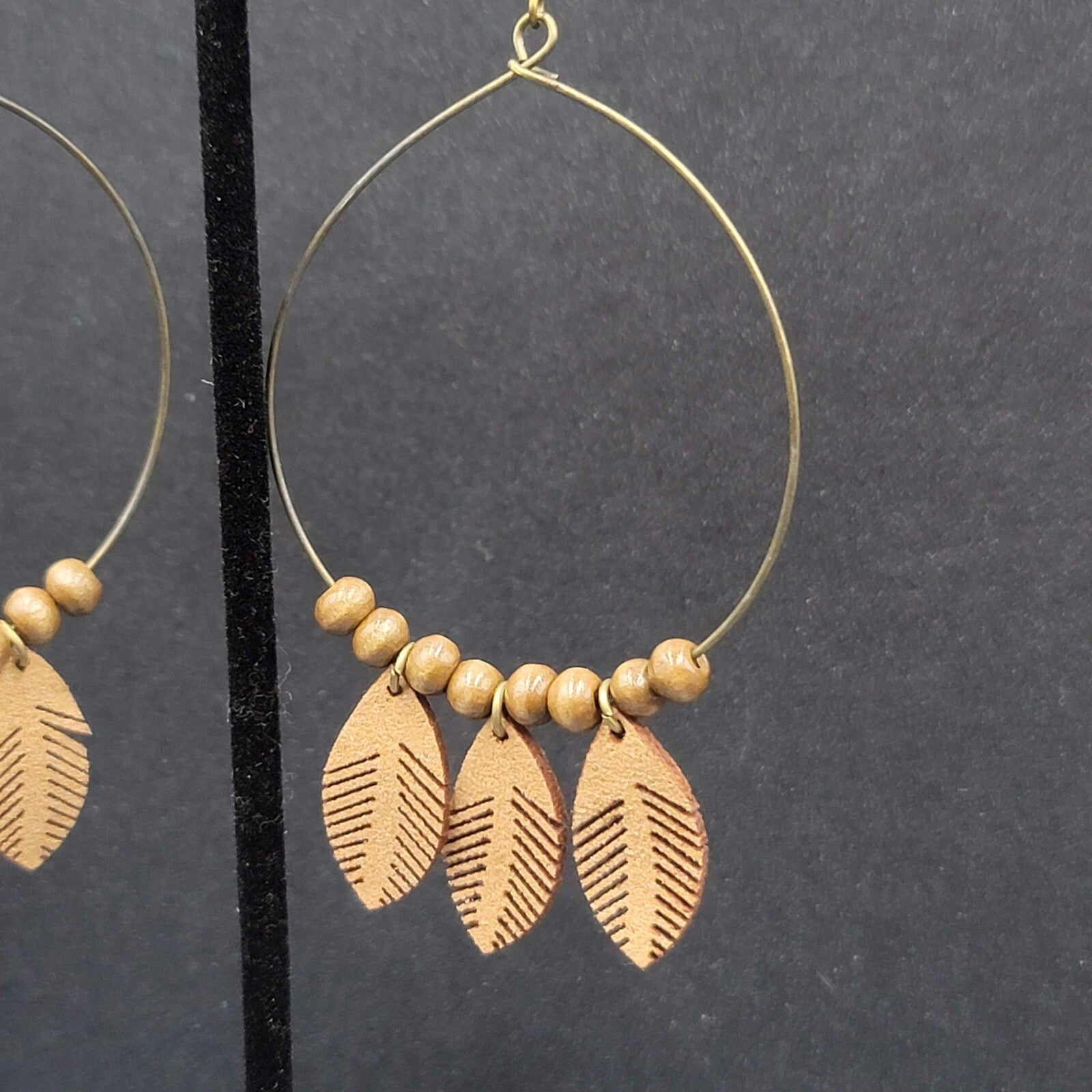 New Boho Pierced Earrings Bronze tone Faux Leather Leaves Wood Bead Hoops 3.25"
