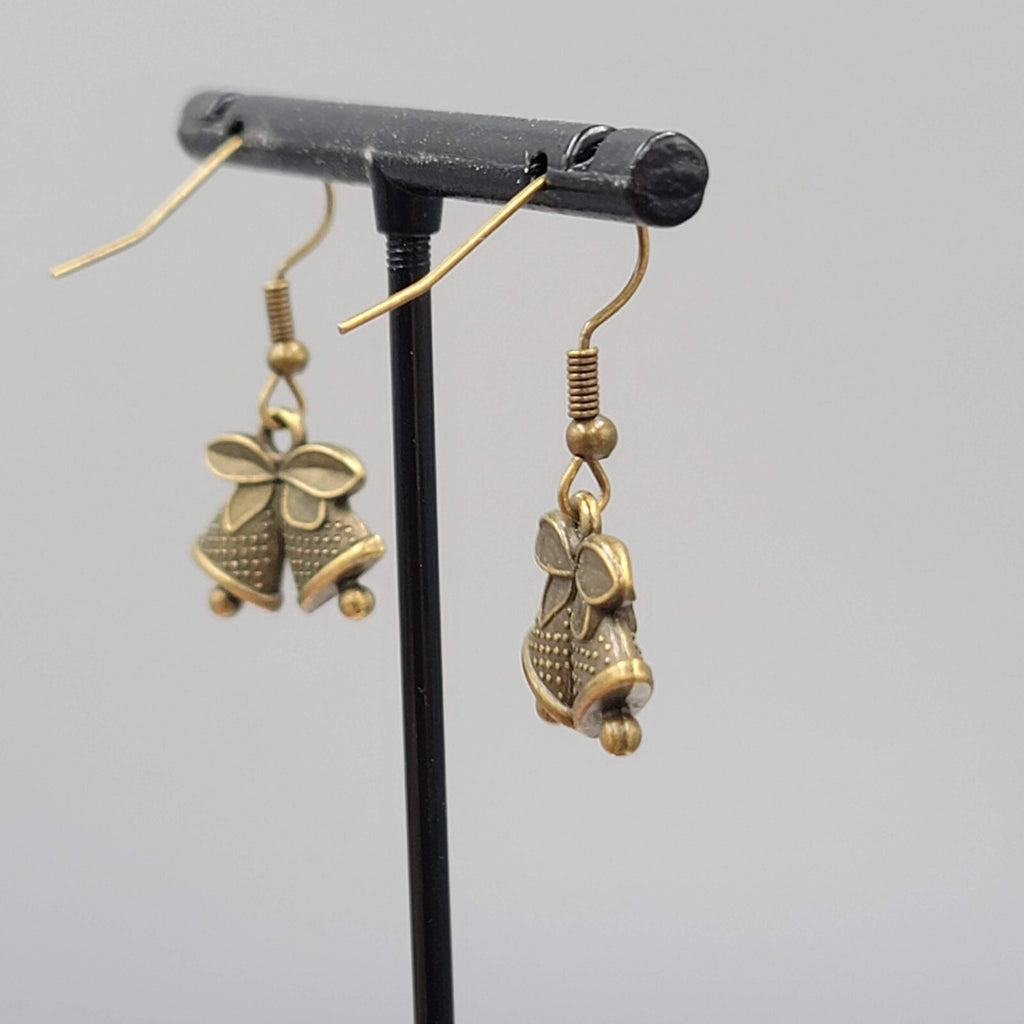 Bronze tone Pierced Earrings  Embossed Bells Holiday Celebration 1/2"