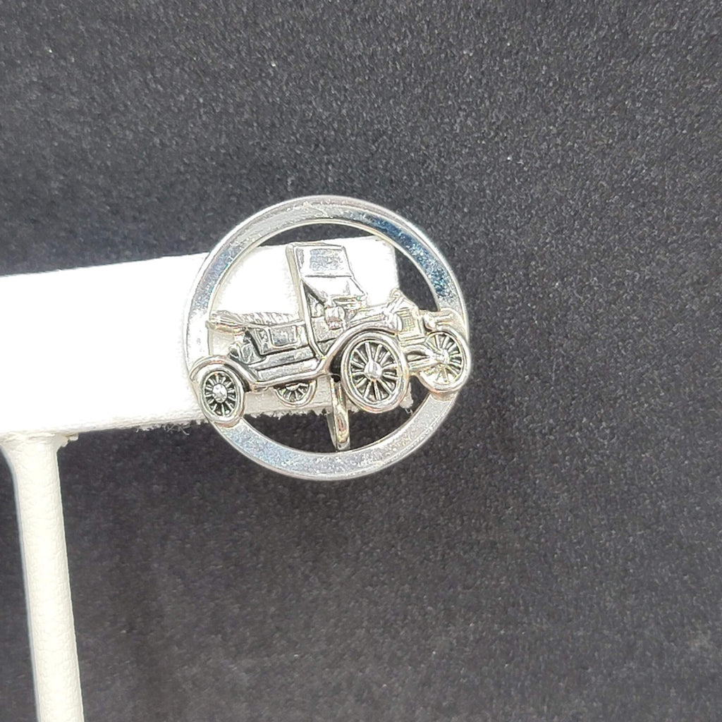 Vintage Clip on Earrings Silver tone Antique Car 3D Circle Screw Back 1"