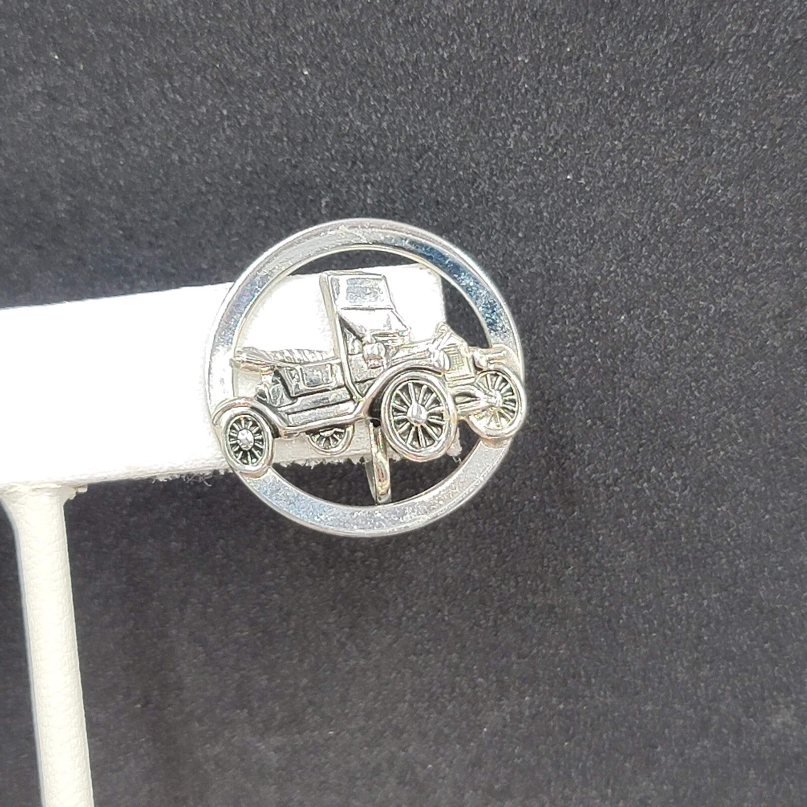 Vintage Clip on Earrings Silver tone Antique Car 3D Circle Screw Back 1"