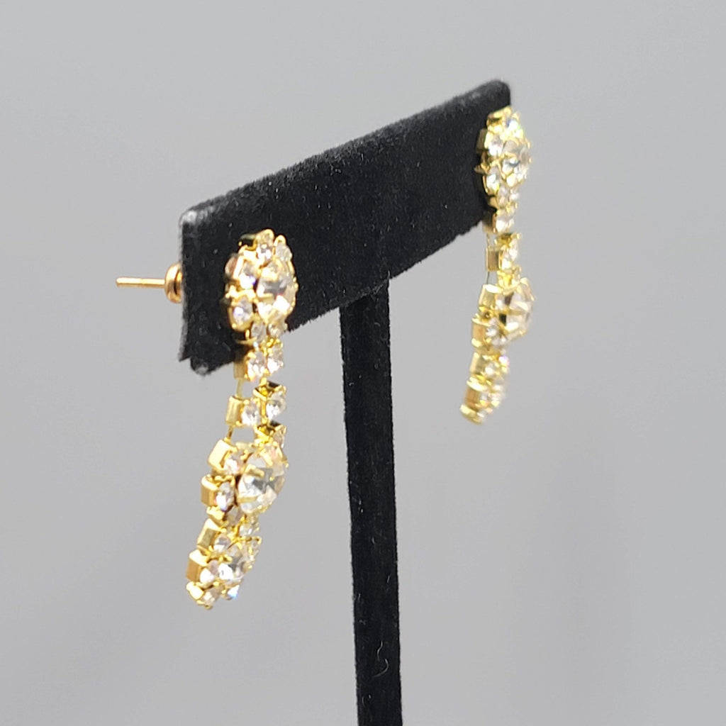Rhinestone Pierced Earrings Gold tone Dangle Retro  1 3/8 in