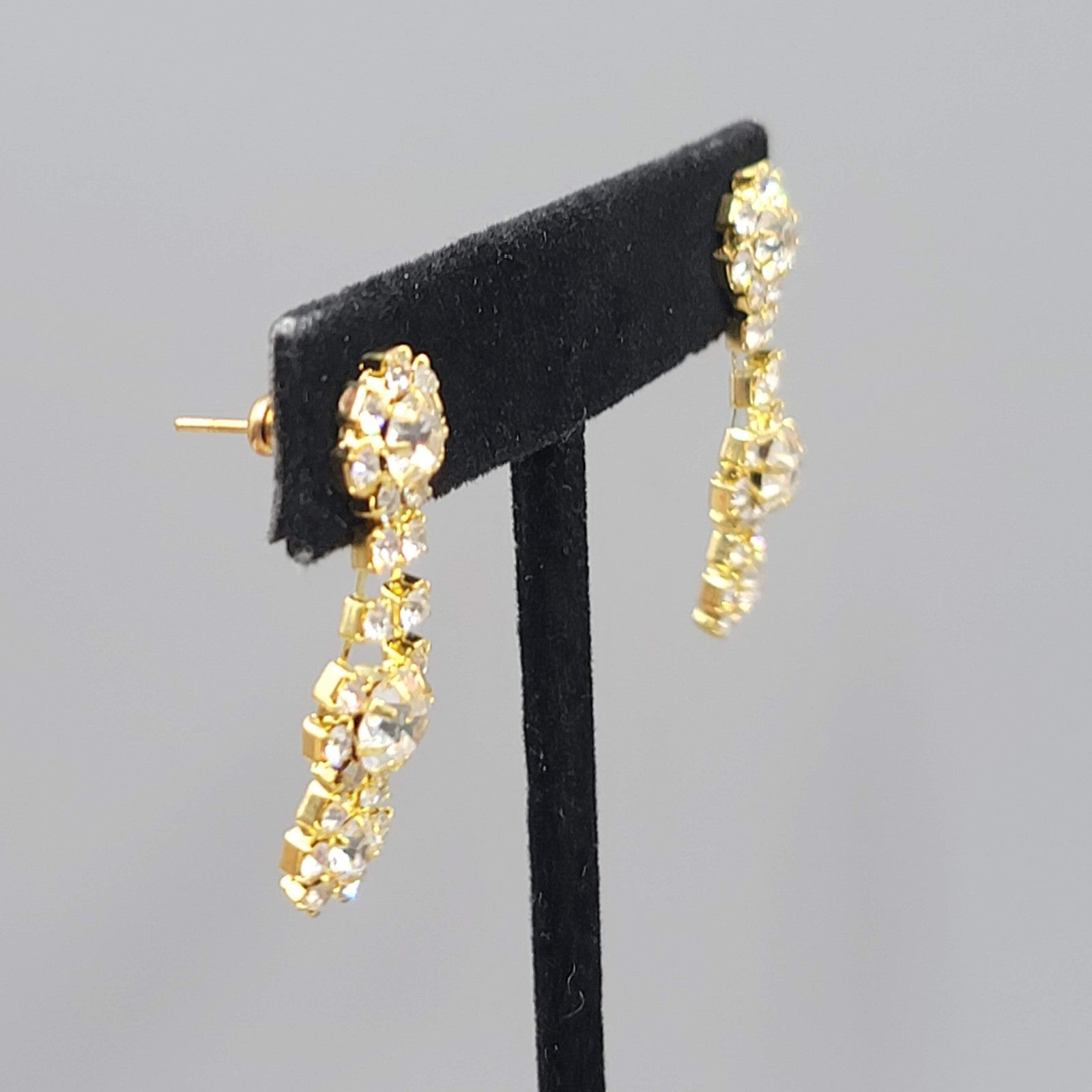 Rhinestone Pierced Earrings Gold tone Dangle Retro  1 3/8 in
